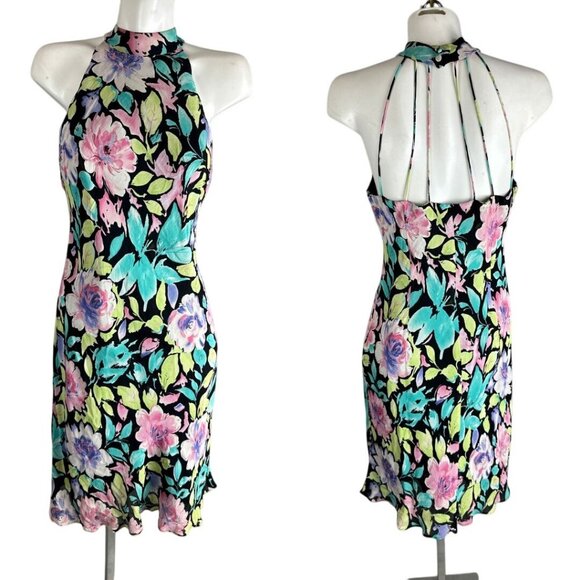Vtg 90s Evan Picone Bright Floral Dress Rayon Strappy Cage Back Size 12 - Picture 1 of 5
